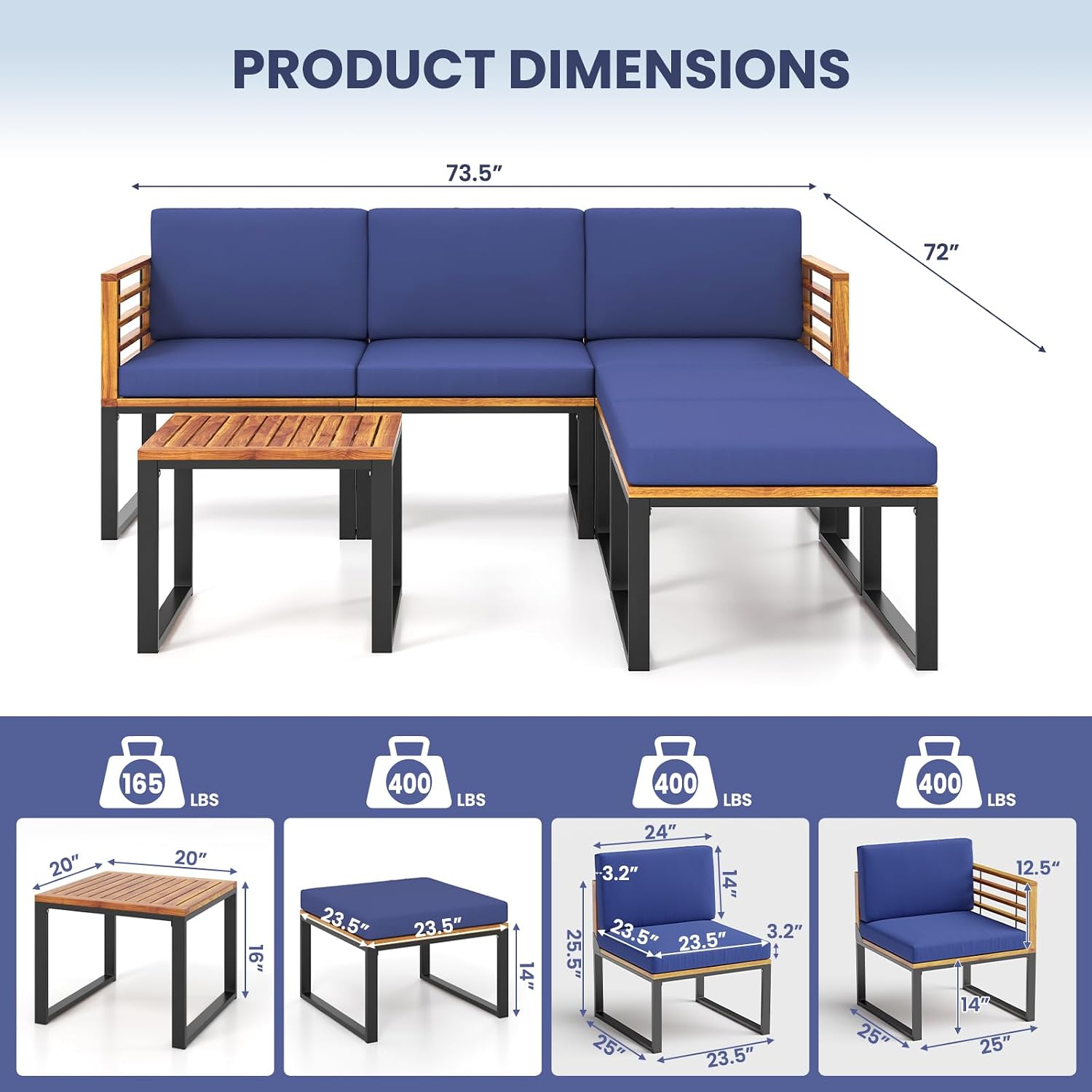 Tangkula 6 Pieces Acacia Wood Patio Furniture Set, Outdoor Sectional Conversation Sofa Set with Cushions, Coffee Table and Ottomans, Metal Frame Patio Sofas for Garden, Poolside, Backyard, Navy