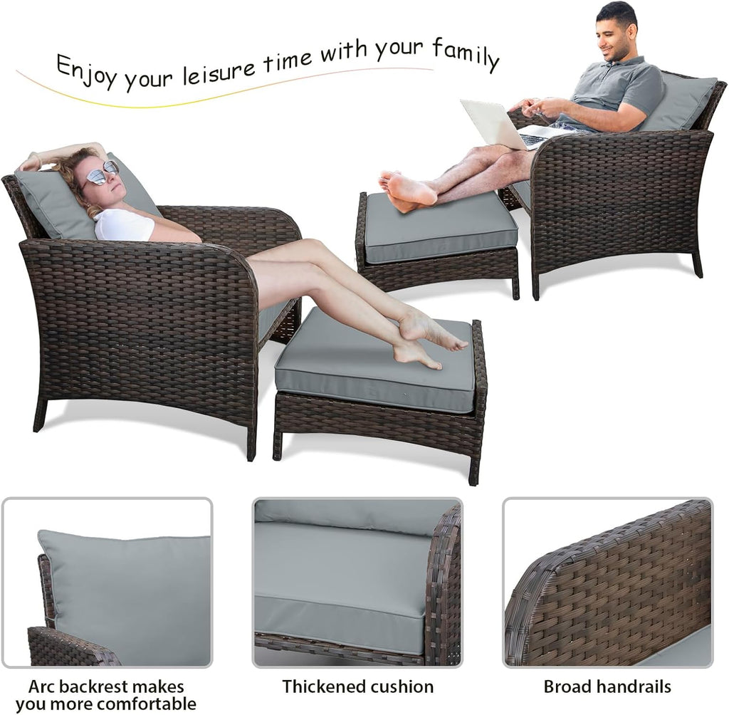 LEVELEVE Balcony Furniture 5 Piece Patio Conversation Set, PE Wicker Rattan Outdoor Lounge Chairs with Soft Cushions 2 Ottoman&Glass Table for Porch, Lawn-Brown Wicker