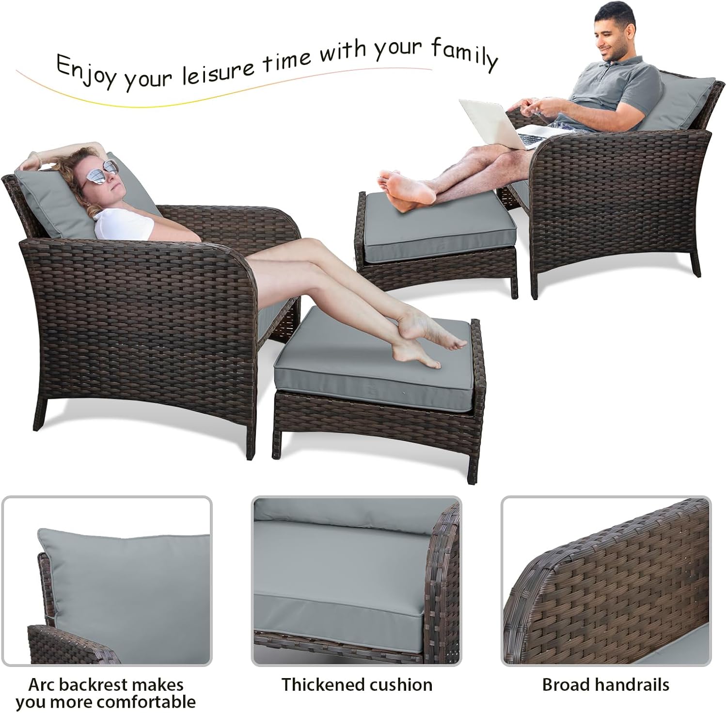 LEVELEVE Balcony Furniture 5 Piece Patio Conversation Set, PE Wicker Rattan Outdoor Lounge Chairs with Soft Cushions 2 Ottoman&Glass Table for Porch, Lawn-Brown Wicker