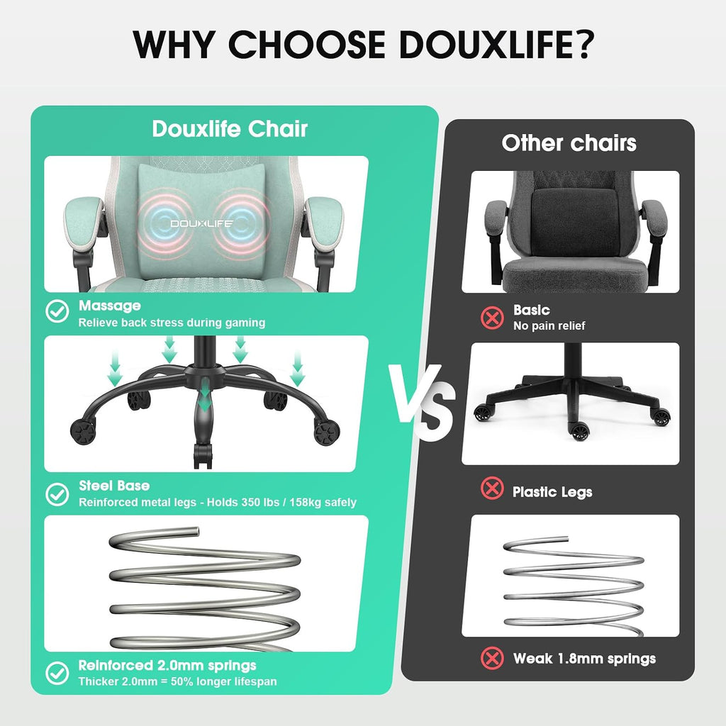 Gaming Chair, Tech Fabric Computer Chair with Massage, Office Chair with Pocket Spring Widened Cushion, High Back Ergonomic Chair with Footrest Lumbar Support Upgraded Metal Legs 350LBS (Green)