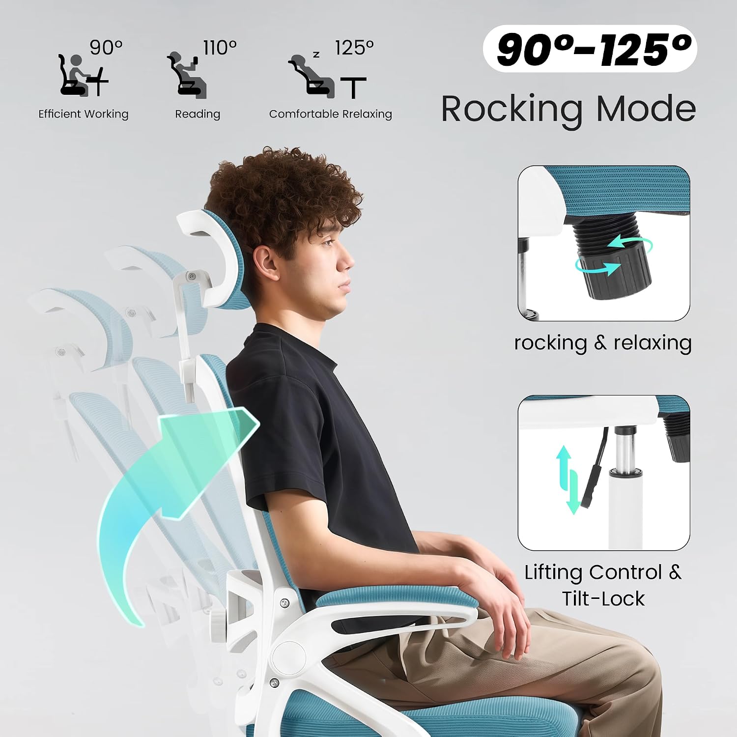Fizzin Ergonomic Office Chair, 400 LBS Computer Chairs with Adjustable Lumbar Support, Breathable Mesh Desk Chair Ergonomic with Thickened Cushion, Comfy Home Office Desk Chair (Lake Blue)
