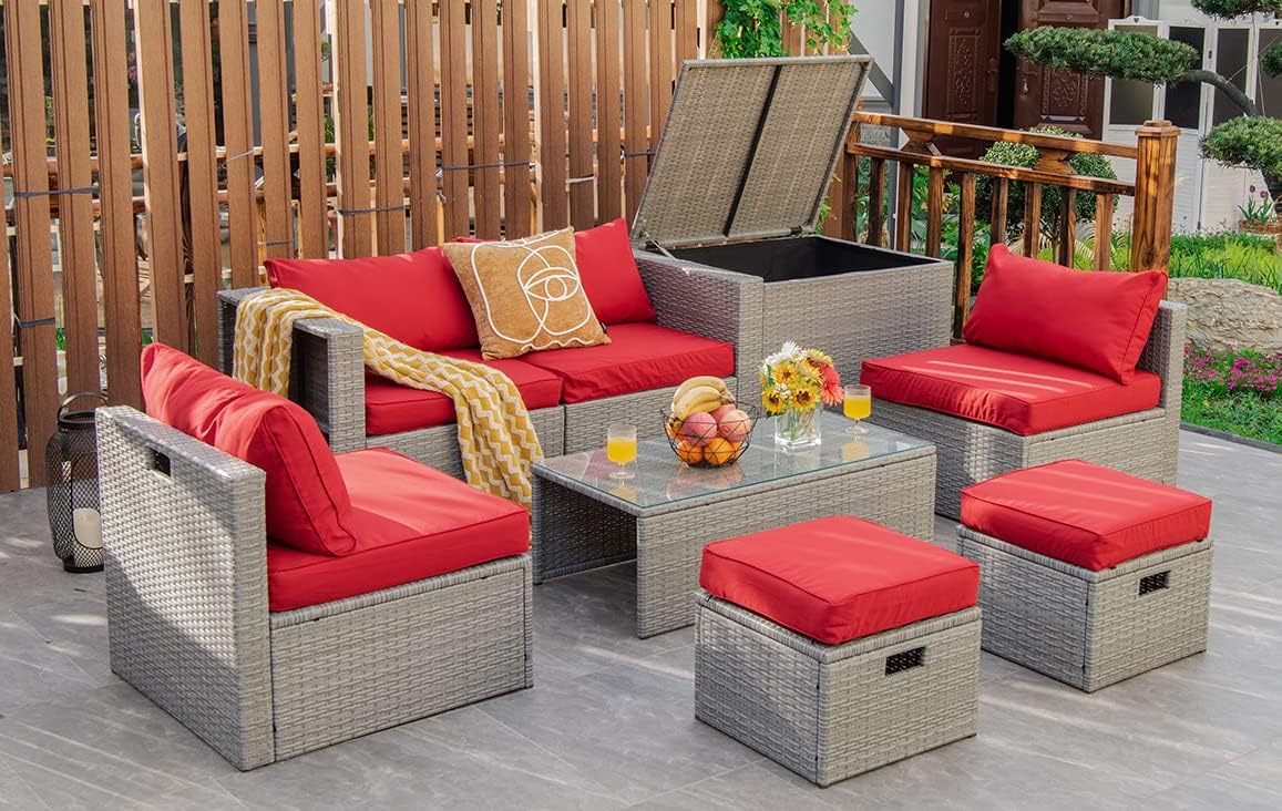 Tangkula 8 Piece Patio Wicker Furniture Set, Patiojoy Space Saving Outdoor PE Rattan Conversation Set with Storage Box & Waterproof Cover, Coffee Table, 2 Ottomans, 2 Armless Sofas & 2 Corner Sofas