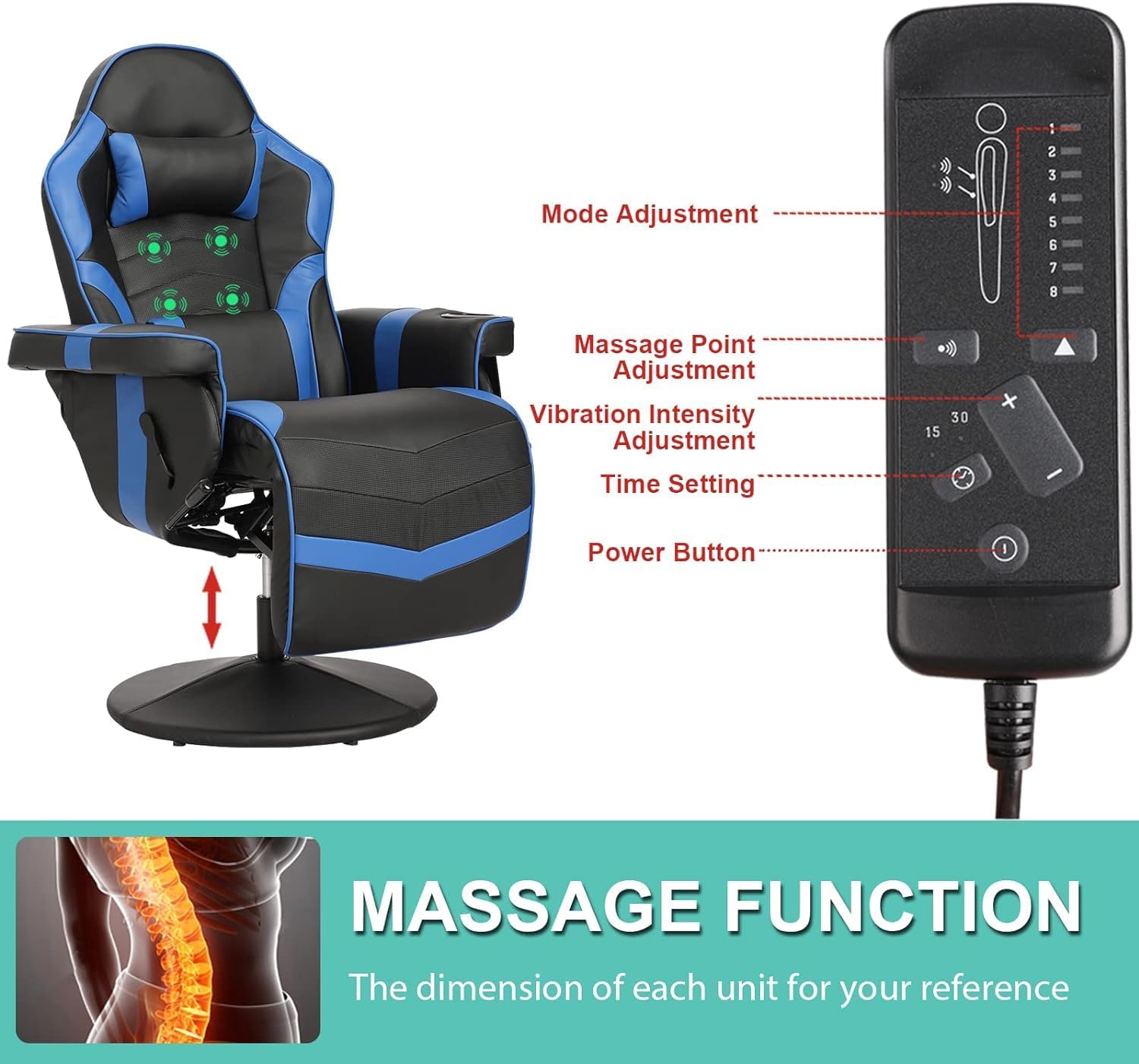 LVUYOYO Reclining Gaming Chair, Massage Gaming Chairs for Adults, High Back PU Leather Game Recliner w/Adjustable Height, Swivel Game Chair with Lumbar Support, Cup Holder, Headrest