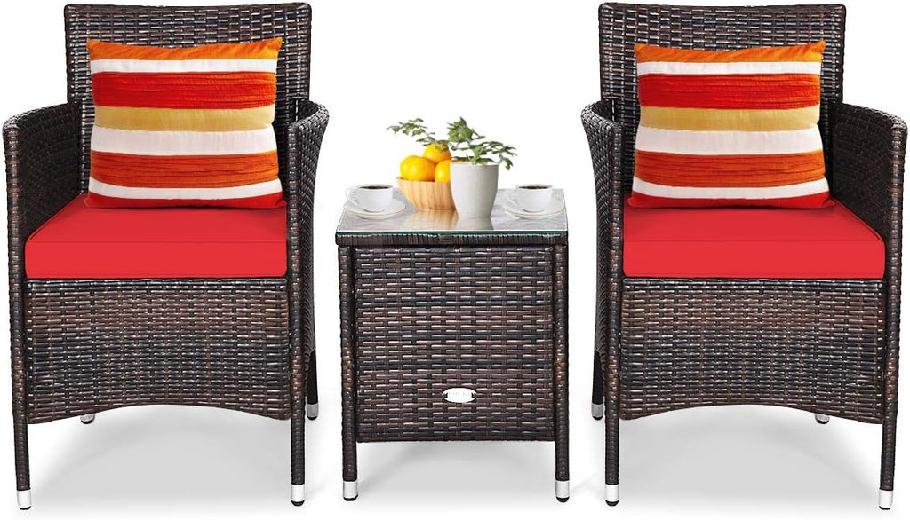 Tangkula Patio Furniture Set 3 Piece, Outdoor Wicker Rattan Conversation Set with Coffee Table, Chairs & Thick Cushions, Suitable for Patio Garden Lawn Backyard Pool (Red)