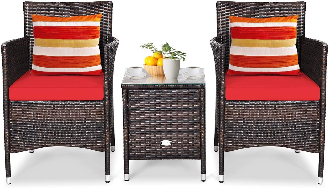 Tangkula Patio Furniture Set 3 Piece, Outdoor Wicker Rattan Conversation Set with Coffee Table, Chairs & Thick Cushions, Suitable for Patio Garden Lawn Backyard Pool (Red)