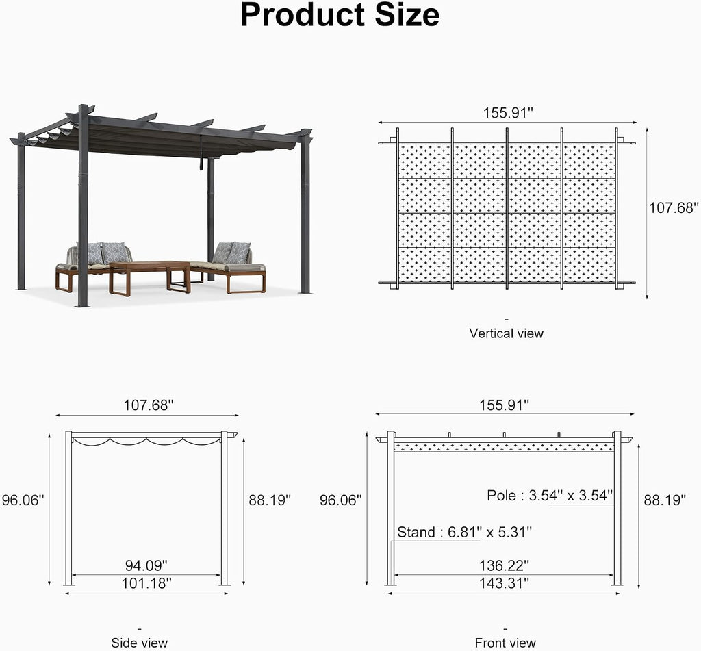 PURPLE LEAF 9.5' X 13' Outdoor Retractable Pergola Against The Wall with Shade Canopy Patio Aluminum Shelter for Porch Garden Pavilion Grill Gazebo Modern Backyard Metal Grape Trellis Pergola, Gray