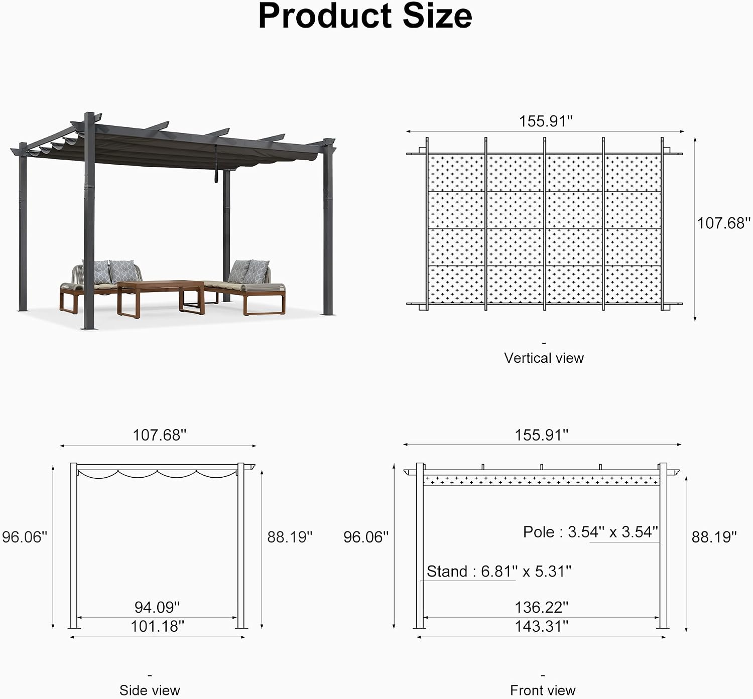 PURPLE LEAF 9.5' X 13' Outdoor Retractable Pergola Against The Wall with Shade Canopy Patio Aluminum Shelter for Porch Garden Pavilion Grill Gazebo Modern Backyard Metal Grape Trellis Pergola, Gray