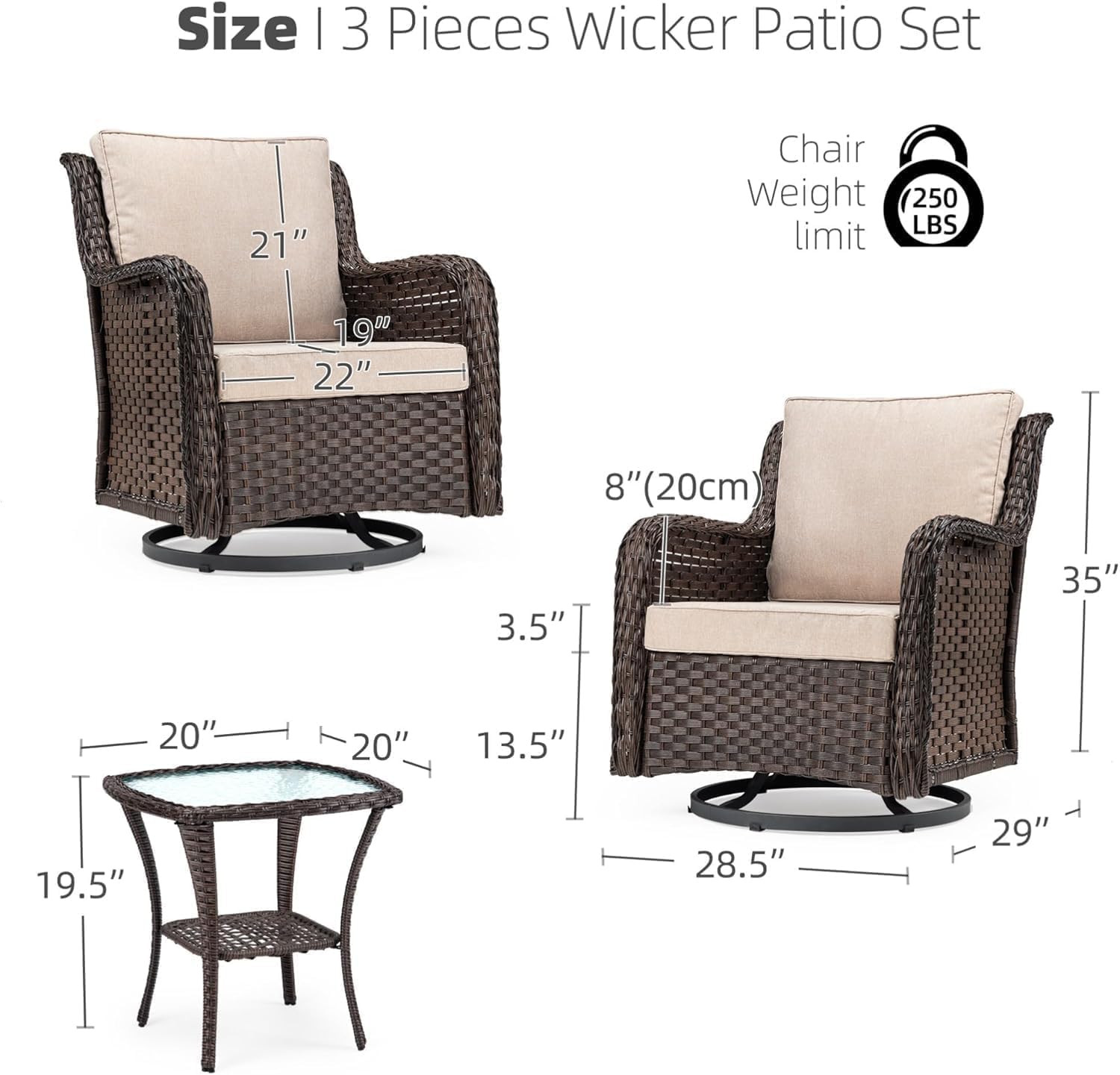 GarveeHome 3-Piece Outdoor Wicker Rattan Swivel Rocking Chair Set with Armored Glass Side Table & Premium Cushions - 360° Swivel Patio Furniture for Backyard, Porch, Deck, Balcony, Garden, Brown