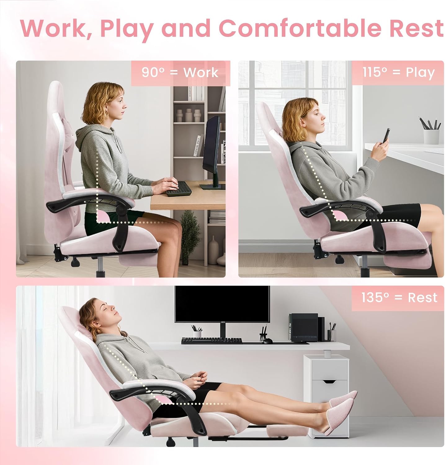 N-GEN GAMING Video Gaming Chair Office Computer Desk Use Ergonomic Reclining Backrest Adjustable Armrests Lumbar Support Footrest High Density Foam Breathable Fabric Heavy Duty Base (Pink)