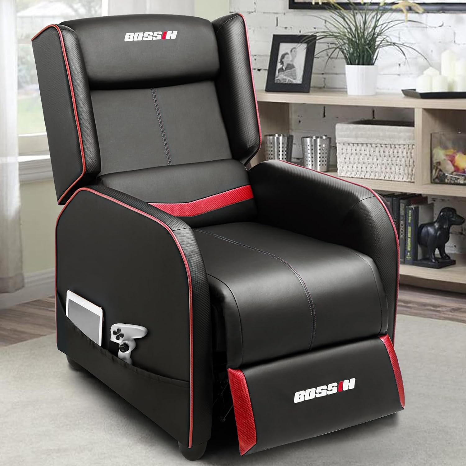 BOSSIN Gaming Recliner Chair for Adults 400lbs Racing Style Sofa Big and Tall PU Leather Recliner Seating, Modern Ergonomic Lounge Comfortable Home Movie Theater for Living Room(Red)