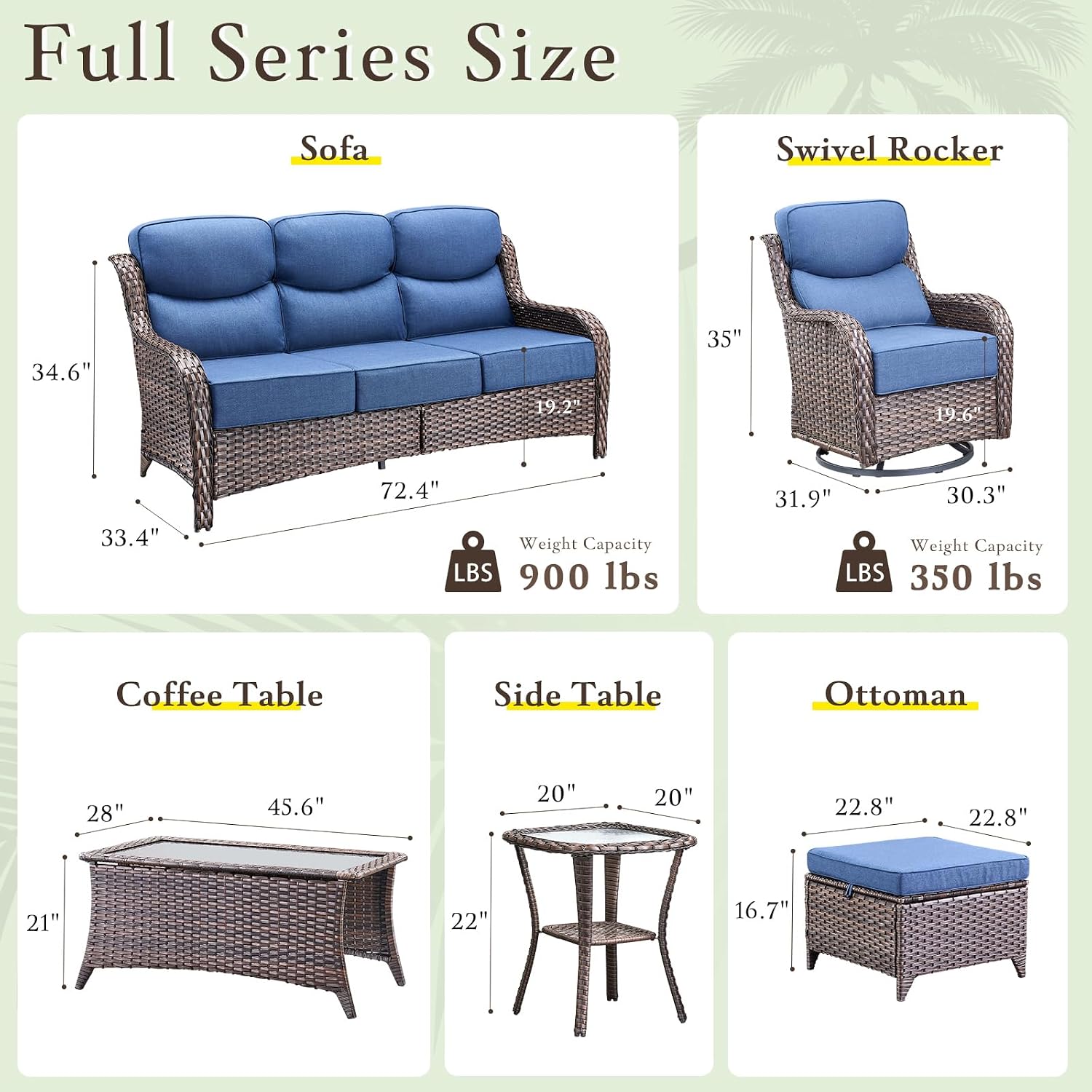 Luxury High Back Outdoor Furniture with 6-inch Extra Thick Cushions, Patio Furniture Set with Swivel Chairs, 4 PCS Wicker Conversation Set for Yard, Deck, Poolside, Brown/NavyBlue