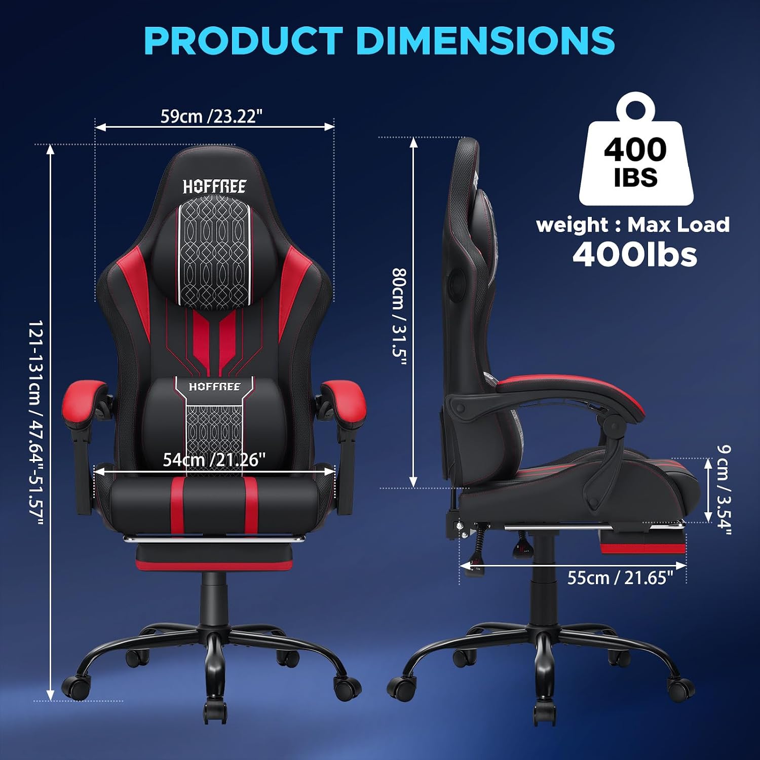 HOFFREE LED Gaming Chair with Bluetooth Speakers Massage Gaming Chair with RGB Lights Big and Tall Game Chairs for 400lbs Heavy People High Back Computer Desk Chair with Footrest Red and Black