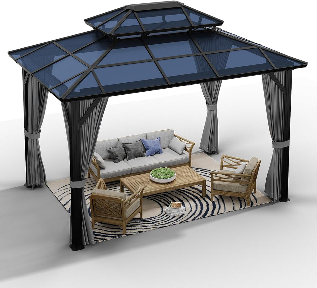 OUTLANE 10'x12' Gazebo, Hardtop Gazebo with Polycarbonate Double Roof, Aluminum Frame Pavilion, Weatherproof UV Protection for Outdoor, Garden, Patio, Lawn