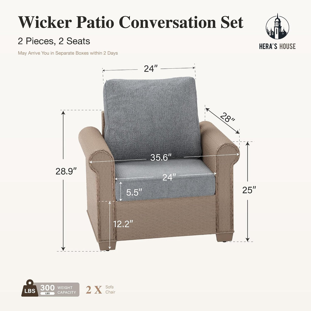 HERA'S HOUSE Patio Furniture Set, 2 Pieces Outdoor Wicker Chairs with Widened 5.9' Armrests and 5.5' Thick Waterproof Cushions, All Weather Conversation Set for Lawn Backyard Garden, Grey