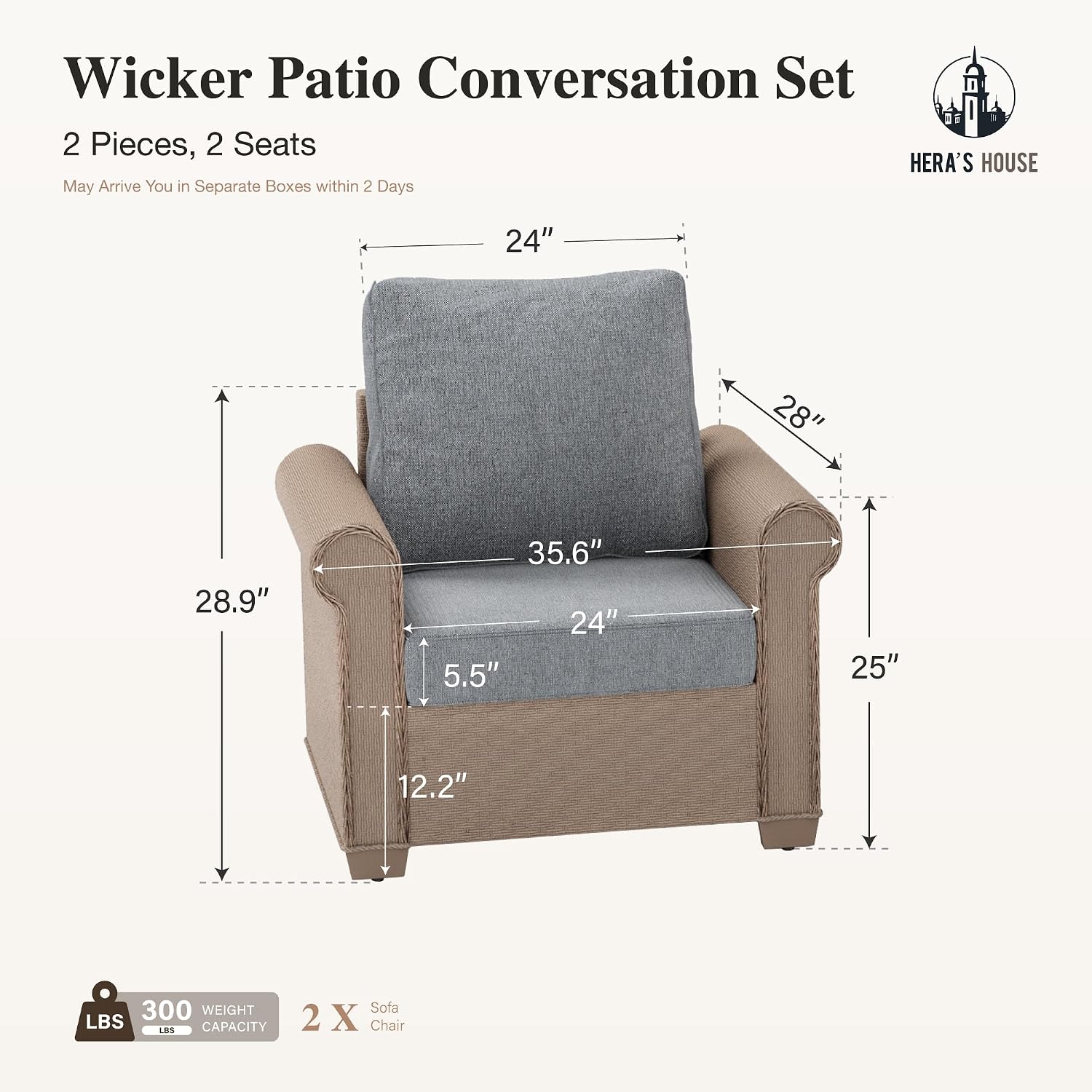 HERA'S HOUSE Patio Furniture Set, 2 Pieces Outdoor Wicker Chairs with Widened 5.9' Armrests and 5.5' Thick Waterproof Cushions, All Weather Conversation Set for Lawn Backyard Garden, Grey