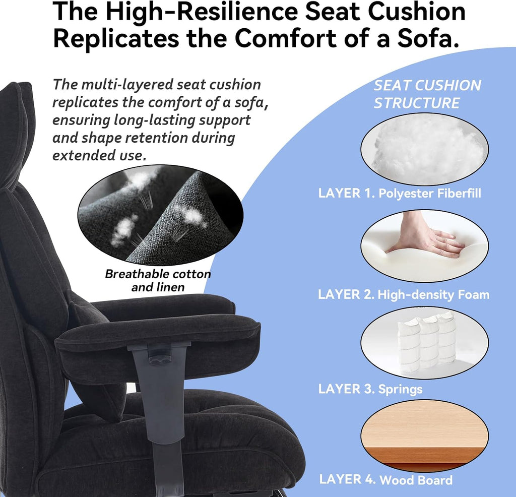 Efomao Executive Office Chair, Soft-Cushioned Computer Chair with Foot Rest, Fabric Home Office Desk Chairs, Big and Tall Office Chairs, Black