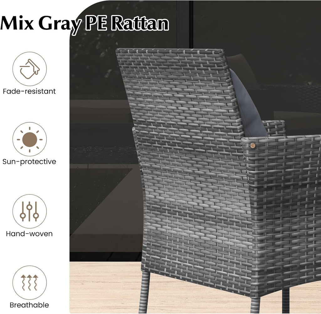 Tangkula 3-Piece Patio Furniture Set, PE Wicker Conversation Bistro Set w/A Tempered Glass Table & 2 Cushioned Chairs, Outdoor Table & Chairs Set for Patio Porch Yard Garden (Mix Gray+Off White)
