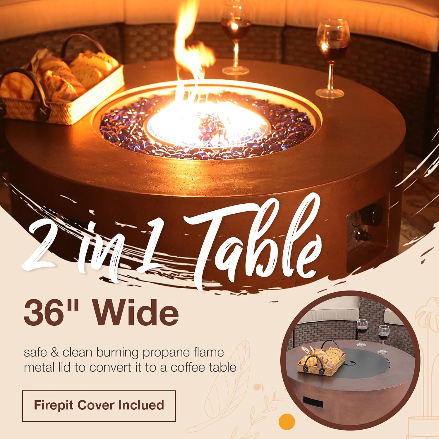 SUNSITT 8 Piece Patio Furniture Set with Propane Fire Pit Halfmoon Outdoor Round Sectional Sofa with 36' Bronze Gas Fire Table & Tank Holder, Brown Rattan