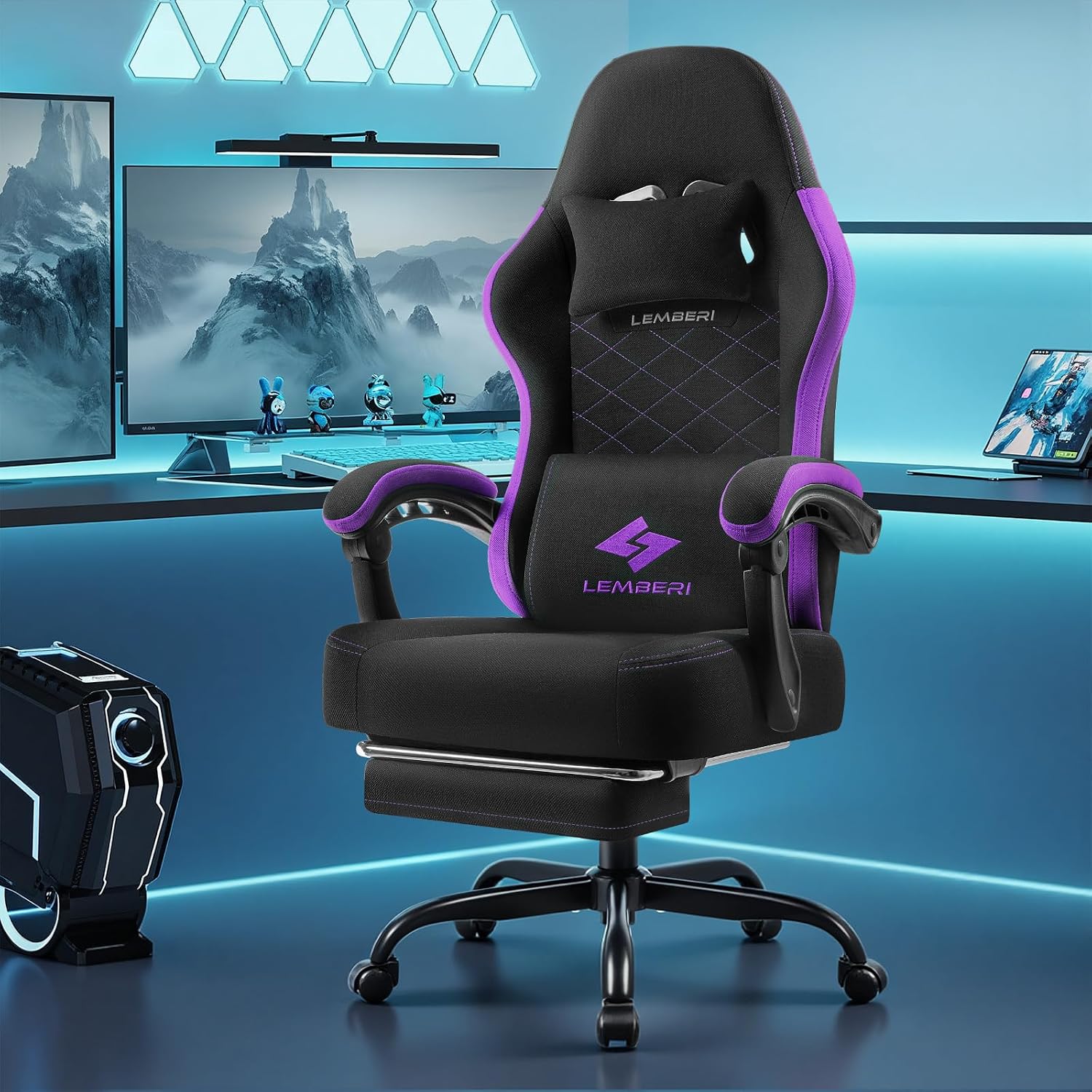 LEMBERI Gaming Chair, Fabric Big and Tall Video Game Chairs with Footrest, Massage Lumbar Support, Racing Style Ergonomic Computer Gamer Chair with Adjustable Headrest (Purple)