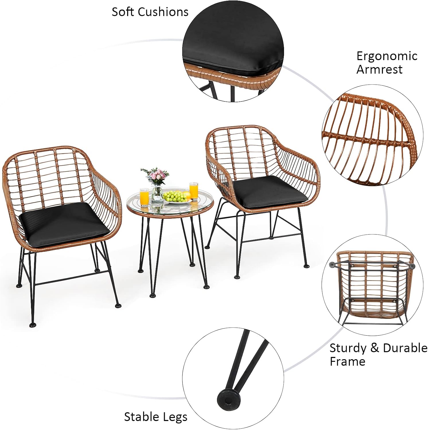 Tangkula 3 Pieces Patio Conversation Bistro Set, Outdoor Wicker Furniture w/Round Tempered Glass Top Table & 2 Rattan Armchairs, Bistro Chat Set w/Seat Cushions for Porch, Backyard, Garden