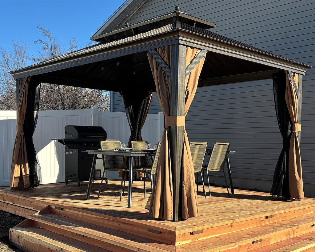 PURPLE LEAF 10' x 14' Hardtop Gazebo with Curtains and Netting for Hot Tub Heavy Duty Deck Beach Pool Backyard Outdoor Canopy Tent Sun Shade Metal Roof Patio Permanent Pavilion