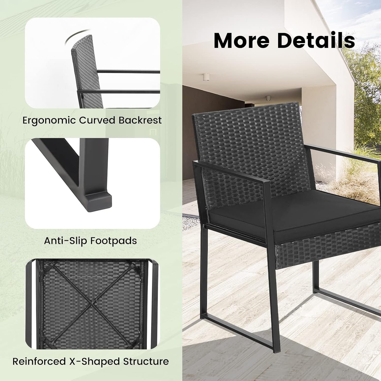 Tangkula 3 Piece Patio Furniture Set, Modern Heavy Duty All Weather Cushioned Wicker Chairs and Coffee Table Set, Suitable for Front Porch, Backyard, Garden, Poolside and Deck (Black)