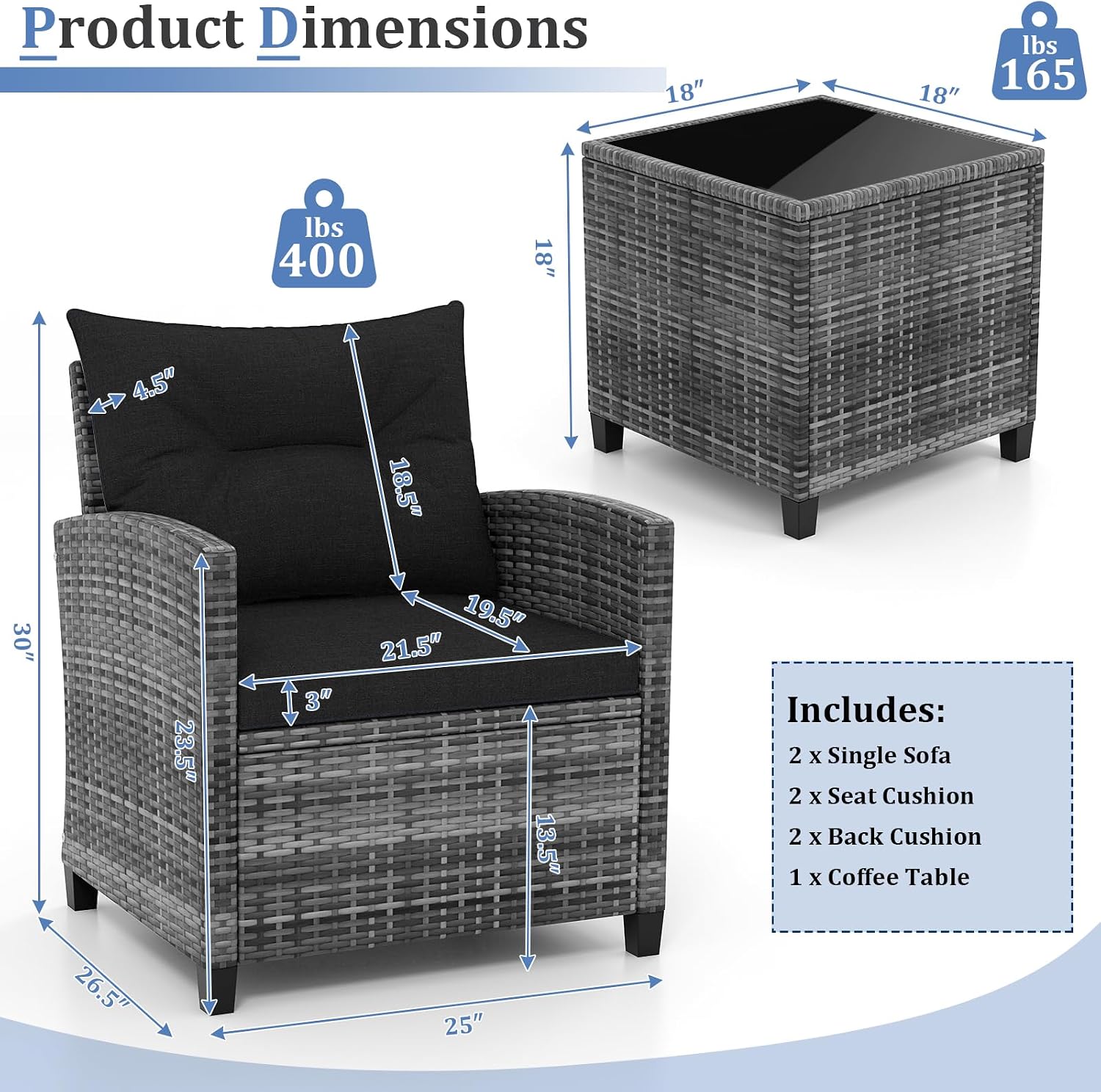KOTEK 3 Piece Patio Furniture Set, Outdoor PE Rattan Conversation Set with Washable Cushions & Tempered Glass Tabletop, Wicker Chairs and Table Set for Porch, Garden, Balcony (Black)
