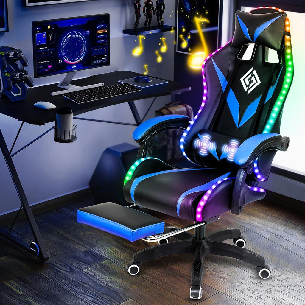 RGB Gaming Chair with Bluetooth Speakers and LED Lights Ergonomic Massage Computer Gaming Chair with Footrest Video Game Chair High Back with Lumbar Support Blue and Black