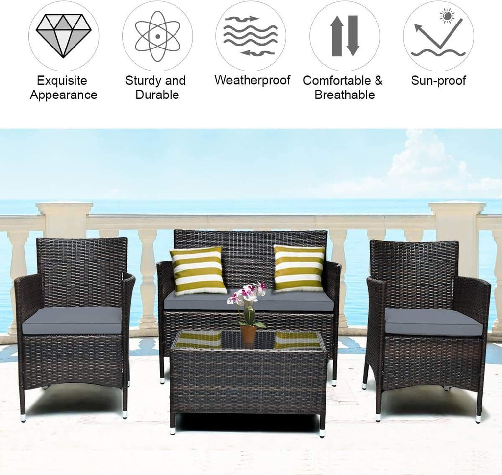 HAPPYGRILL 4 Pieces Patio Sofa Set Rattan Wicker Furniture Patio Conversation Set with Cushioned Sofa and Coffee Table for Outdoor Backyard Garden Poolside