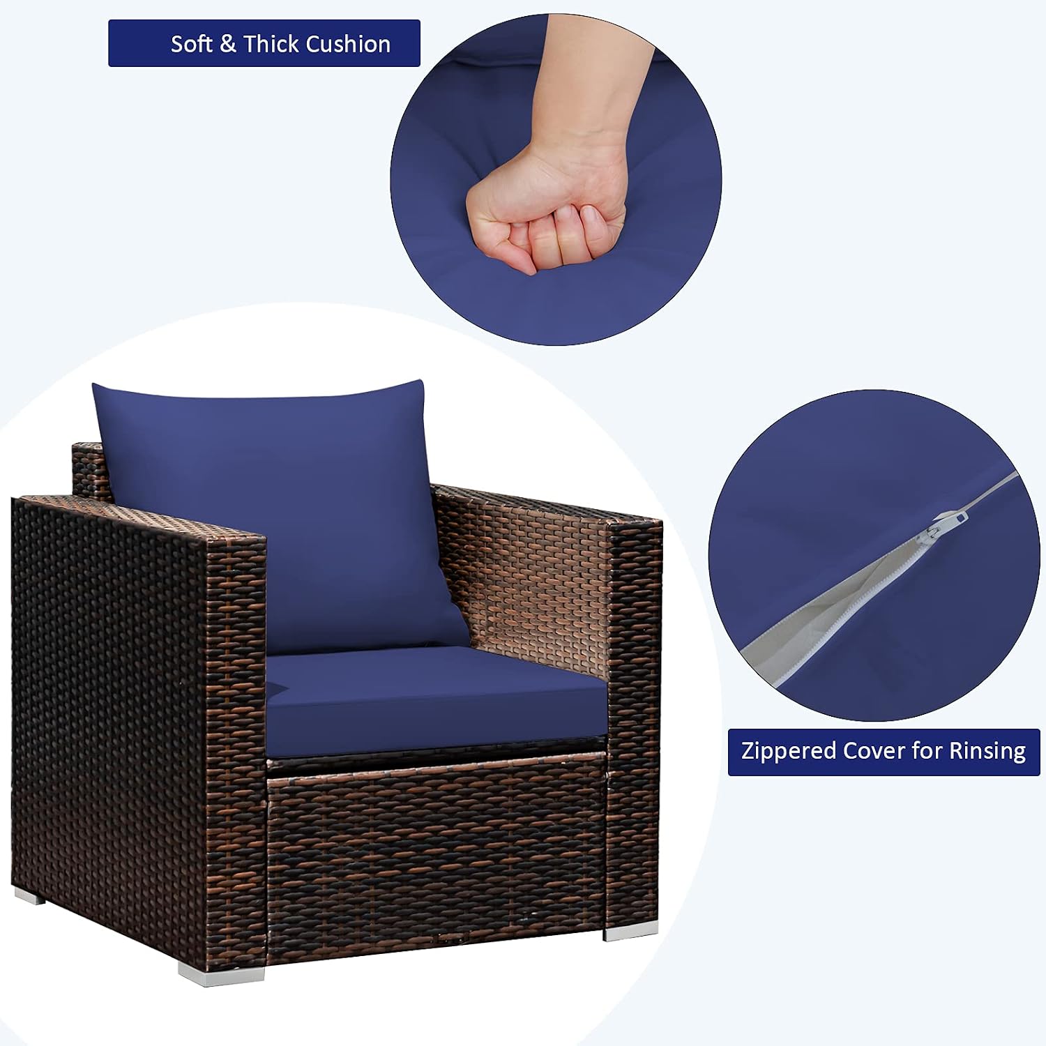 Tangkula 3 Pieces Patio Furniture Set, Outdoor Conversation Rattan Furniture Set w/Washable Cushion and Tempered Glass Tabletop, PE Rattan Wicker Sofa Set for Garden Poolside Balcony