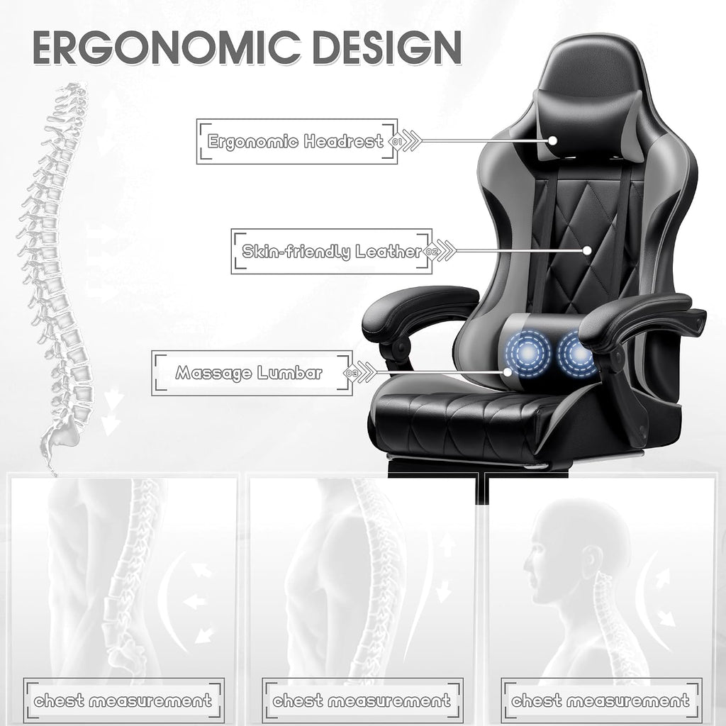 Shahoo Gaming Chair with Footrest and Massage Lumbar Support, Ergonomic Office Computer Seat Height Adjustable with Headrest, Grey