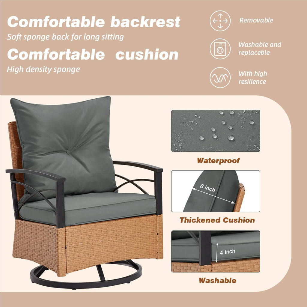 MELLCOM 3 Pieces Patio Furniture Set, Outdoor Swivel Patio Rocker Chairs with Thick Cushions and 2-Tier Coffee Table, Oversize Wicker Bistro Conversation Sets for Garden, Balcony, Backyard, Grey
