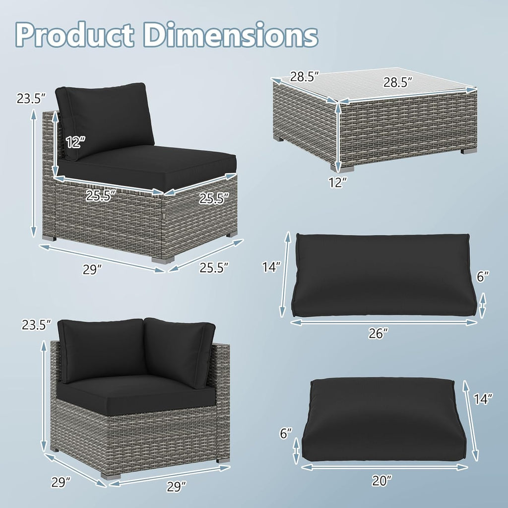 Tangkula 10-Piece Outdoor Patio Sectional Sofa Couch, PE Rattan Conversation Set w/Glass Coffee Table & Cushions, Outdoor Furniture Set w/Sturdy Metal Frame for Garden Poolside Backyard