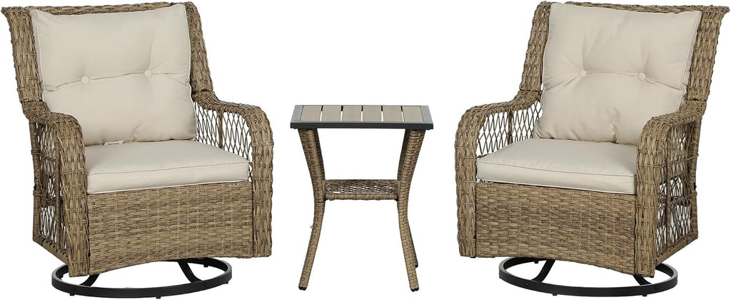 Outsunny PE Wicker Outdoor Bistro Set, Swivel Glider Patio Chairs and 2-Tier Storage Table with Slatted WPC Top, 3 Piece Patio Furniture Set with Cushions for Balcony, Porch, Backyard, Beige