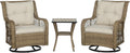 Outsunny PE Wicker Outdoor Bistro Set, Swivel Glider Patio Chairs and 2-Tier Storage Table with Slatted WPC Top, 3 Piece Patio Furniture Set with Cushions for Balcony, Porch, Backyard, Beige