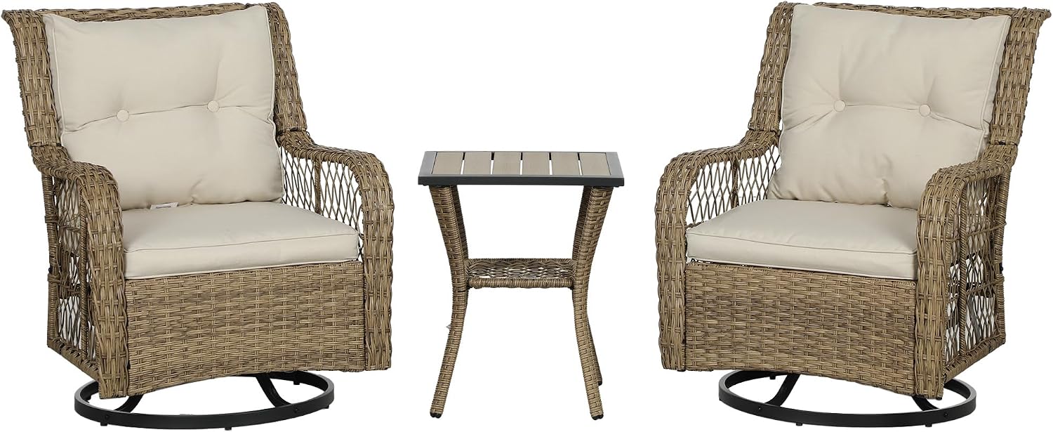 Outsunny PE Wicker Outdoor Bistro Set, Swivel Glider Patio Chairs and 2-Tier Storage Table with Slatted WPC Top, 3 Piece Patio Furniture Set with Cushions for Balcony, Porch, Backyard, Beige