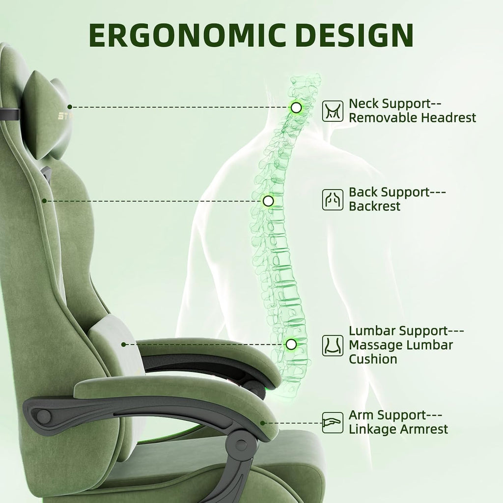 Ferghana Velvet Fabric Gaming Chair, High Back Ergonomic Gamer Chair for Adult, Comfortable Video Game Chair with Footrest and Massage Lumbar Cushion, Racing Reclining Office Computer Desk Chair Green