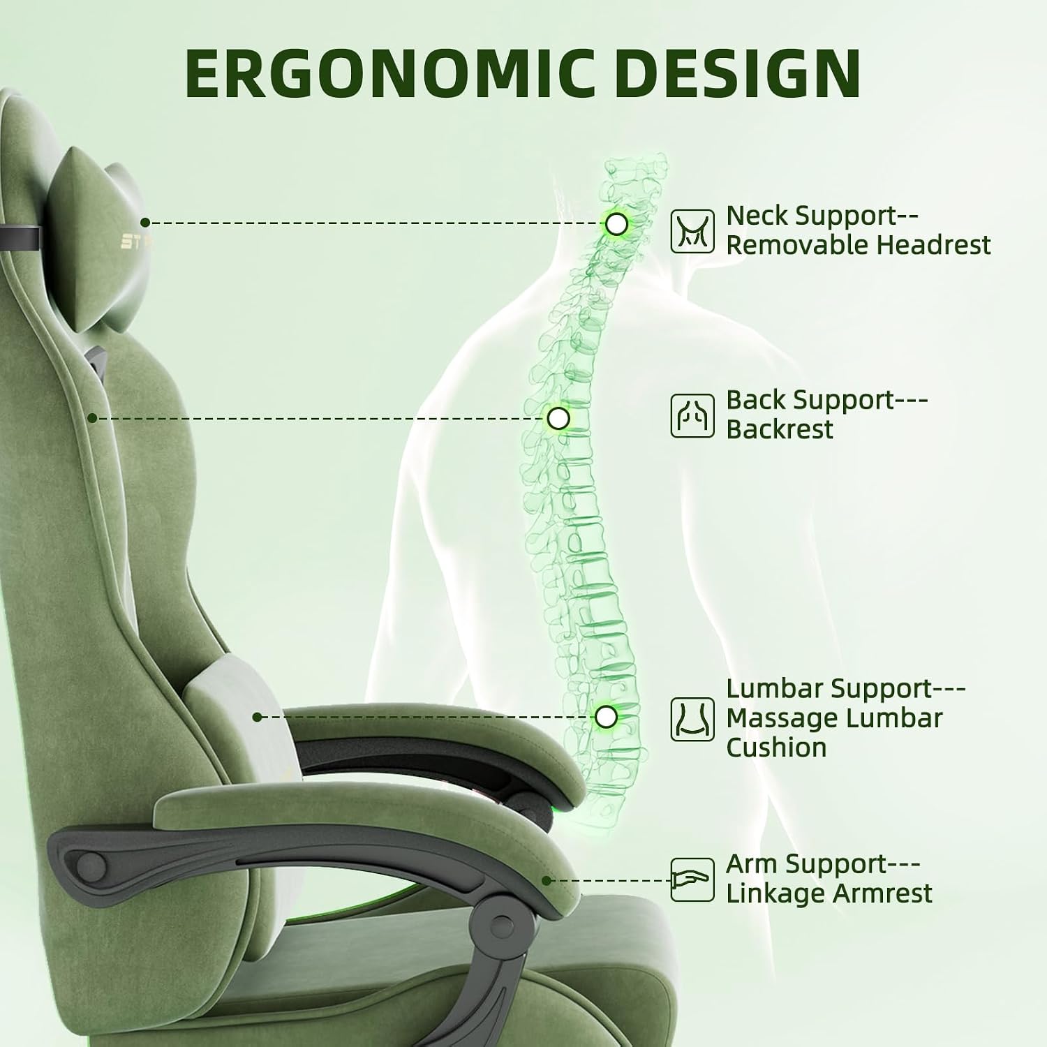 Ferghana Velvet Fabric Gaming Chair, High Back Ergonomic Gamer Chair for Adult, Comfortable Video Game Chair with Footrest and Massage Lumbar Cushion, Racing Reclining Office Computer Desk Chair Green