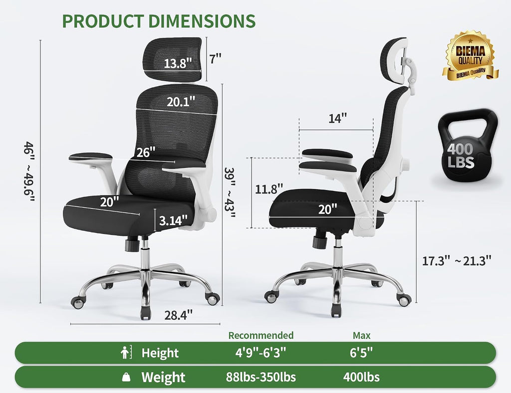 Office Chair - Ergonomic Desk Chair with Adjustable Headrest Lumbar Support Computer Chair - Mesh Comfy Chairs with Flip-up Armrests - Big and Tall Gaming Chairs for Adults Home Office(White Black)