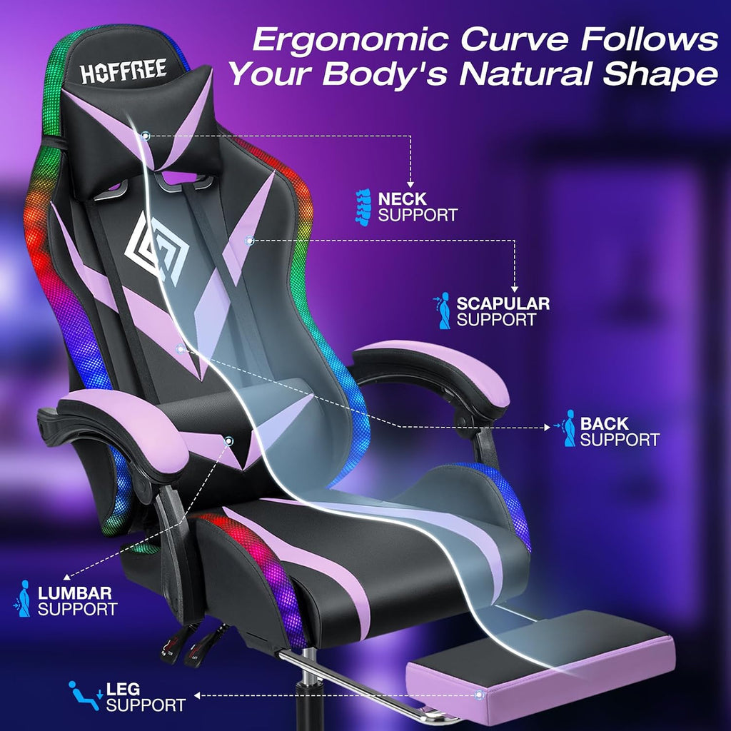 HOFFREE Gaming Chair with LED RGB Lights Massage Ergonomic Video Game Chairs with Footrest High Back Reclining Computer Chair with Adjustable Lumbar Support Purple and Black