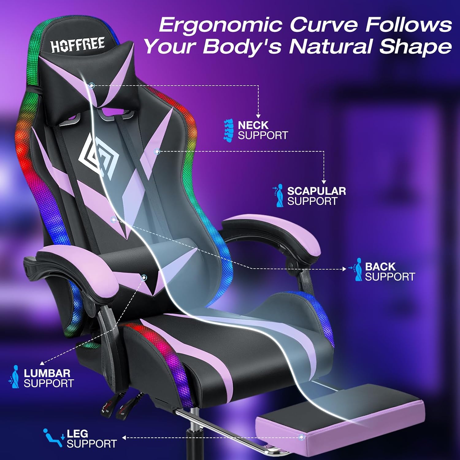 HOFFREE Gaming Chair with LED RGB Lights Massage Ergonomic Video Game Chairs with Footrest High Back Reclining Computer Chair with Adjustable Lumbar Support Purple and Black