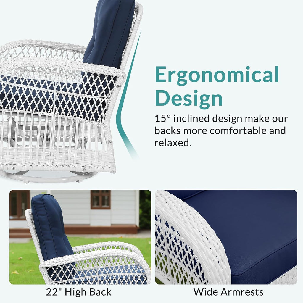 MEETWARM 3 Pieces Outdoor Wicker Swivel Rocker Patio Set, Rocking Chairs Rattan Patio Furniture Sets with Thickened Cushion and Glass-Top Coffee Table, Conversation Bistro Set, White Wicker/Navy