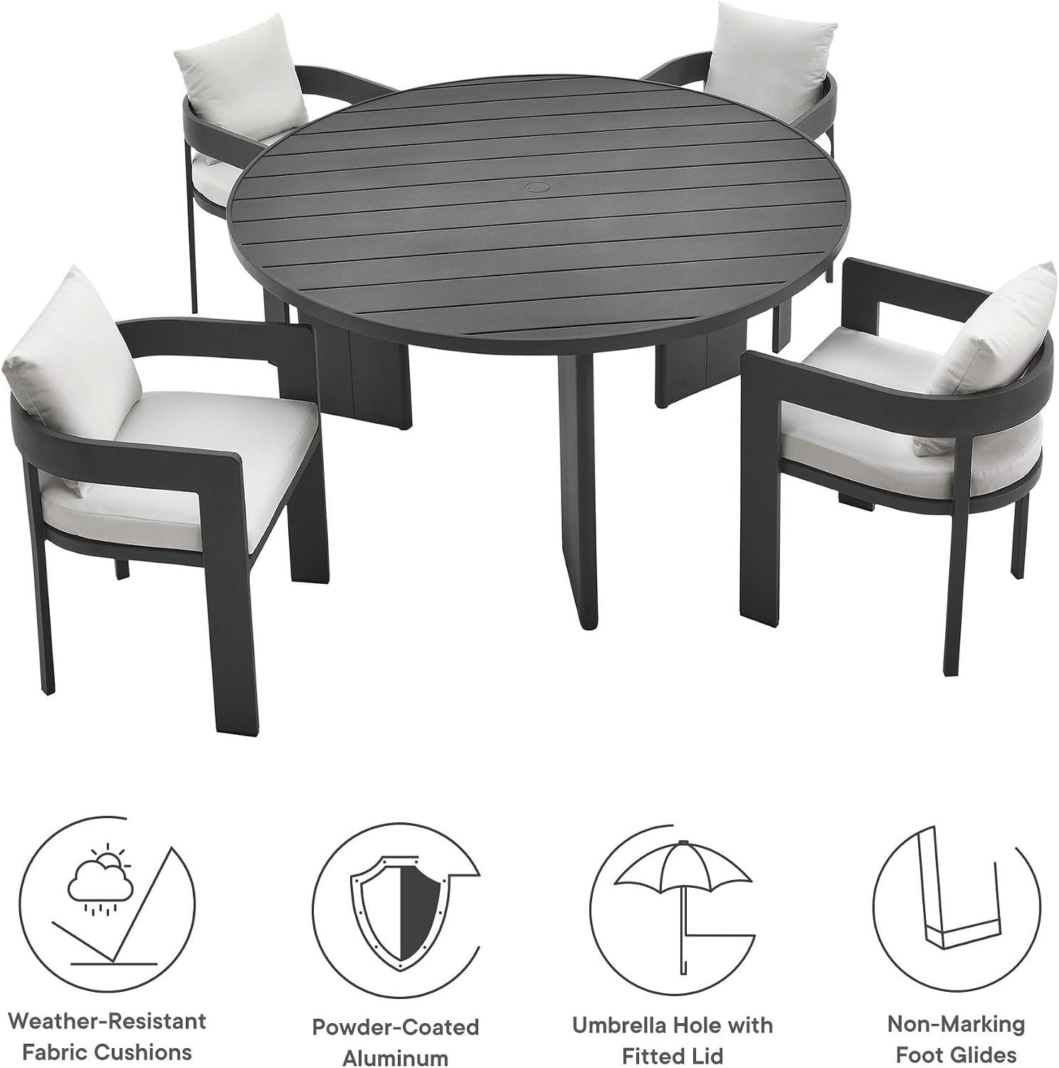 Modway Tahoe Outdoor Patio Powder-Coated Aluminum 5-Piece Dining Set in Gray White - Round Patio Furniture Set for 4 - Outside Table with Umbrella Hole and Cushioned Chairs - Modern Patio Set