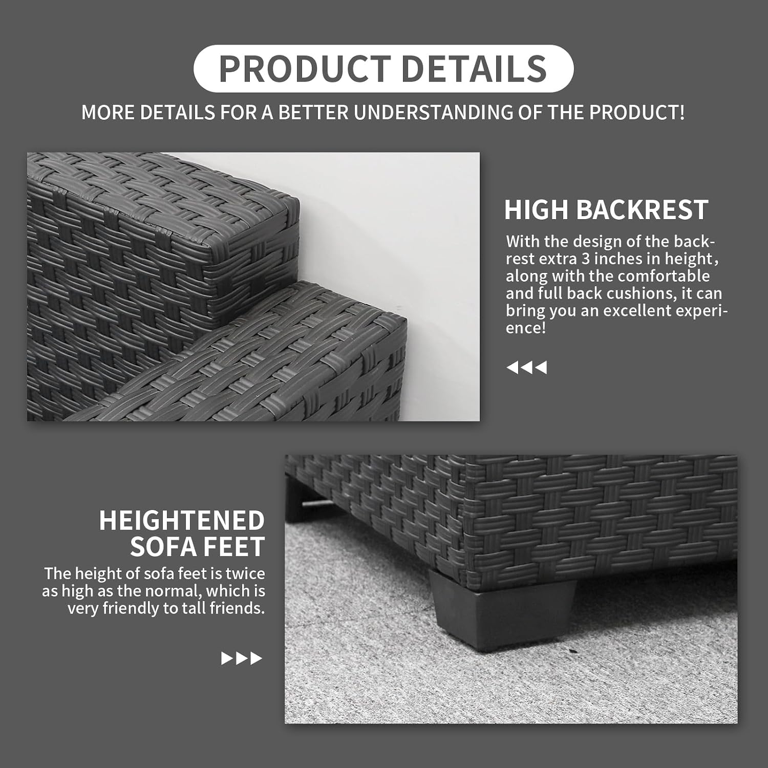 Rattaner Patio Wicker Furniture Set 6 Pieces Outdoor HDPE Wicker Conversation Couch Sectional Chair Sofa Set with Grey Cushions