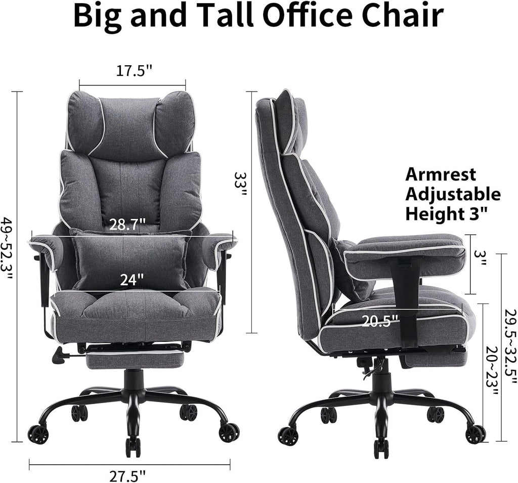 Efomao Fabric Office Chair, Big and Tall Office Chair 400 lb Weight Capacity, High Back Executive Office Chair with Foot Rest, Ergonomic Office Chair for Back Pain Relief, Gray