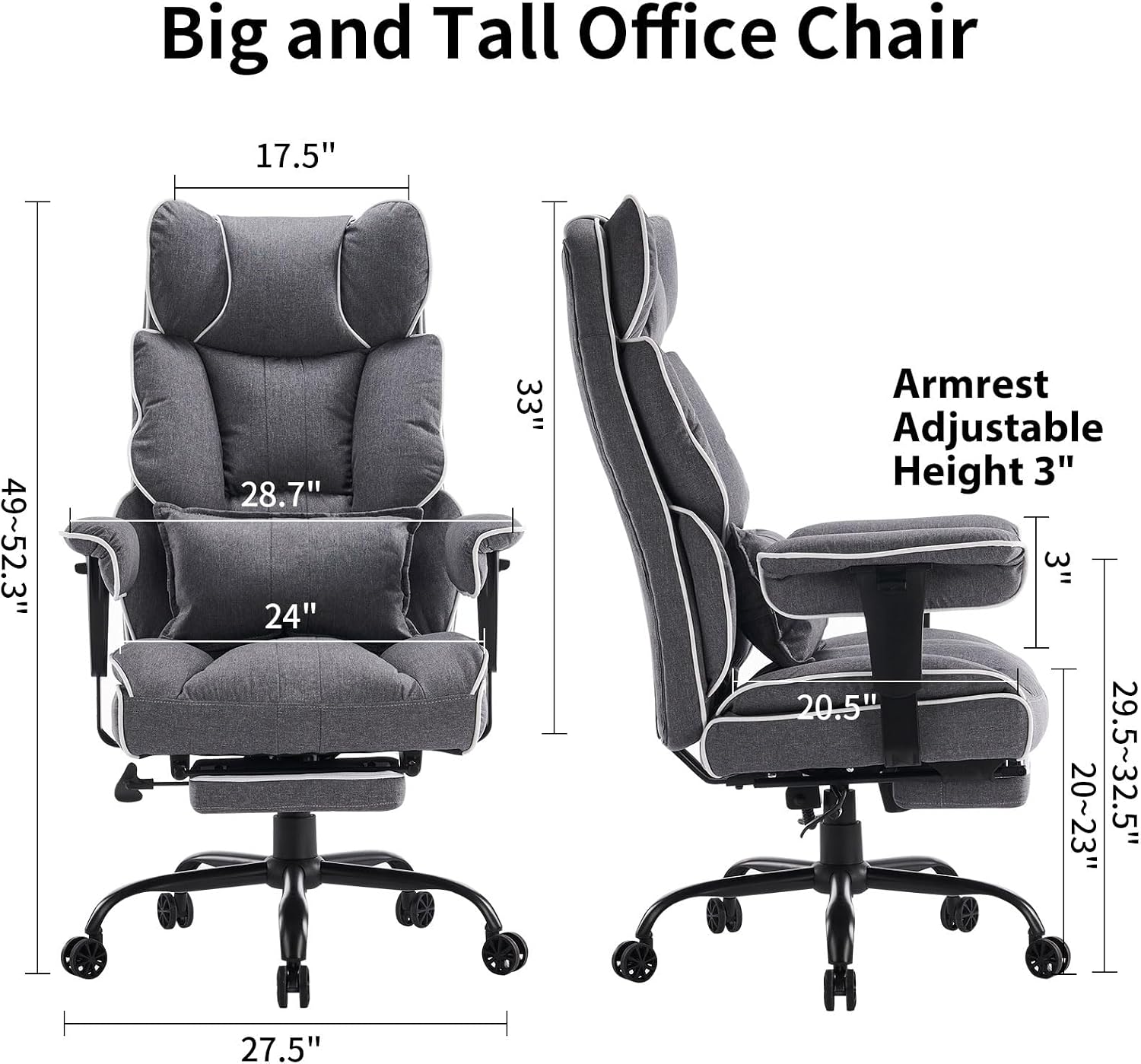 Efomao Fabric Office Chair, Big and Tall Office Chair 400 lb Weight Capacity, High Back Executive Office Chair with Foot Rest, Ergonomic Office Chair for Back Pain Relief, Gray