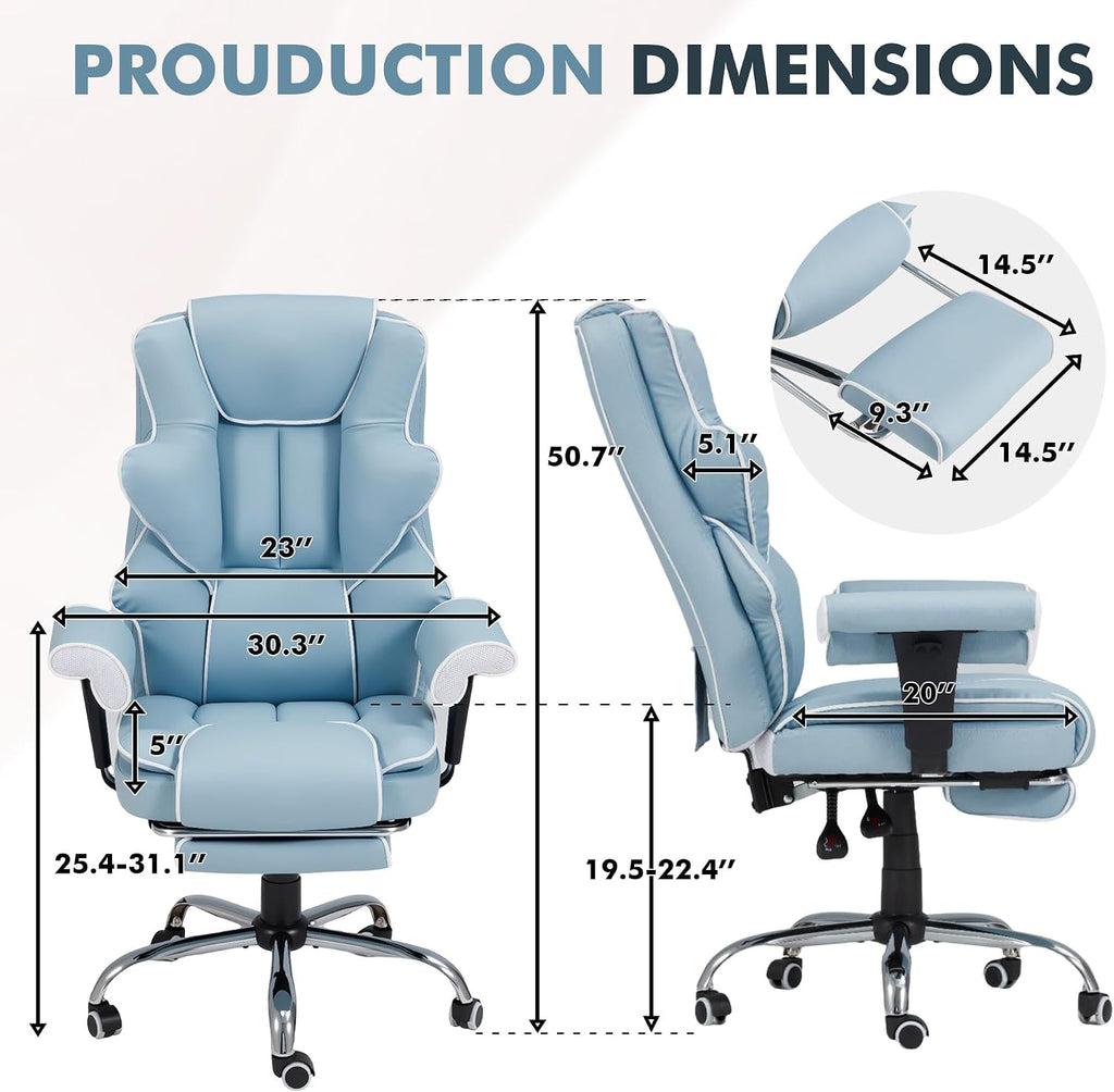 HOMREST 6-Point Massage Executive Chair,Heat Office Chair,Ergonomic Home Office Desk Chairs with Retractable Footrest and Reclining Function,Leather Computer Chair with Adjustable Armrest(‌Airy Blue)