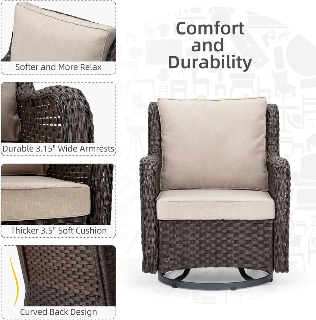 GarveeHome 3-Piece Outdoor Wicker Rattan Swivel Rocking Chair Set with Armored Glass Side Table & Premium Cushions - 360° Swivel Patio Furniture for Backyard, Porch, Deck, Balcony, Garden, Brown