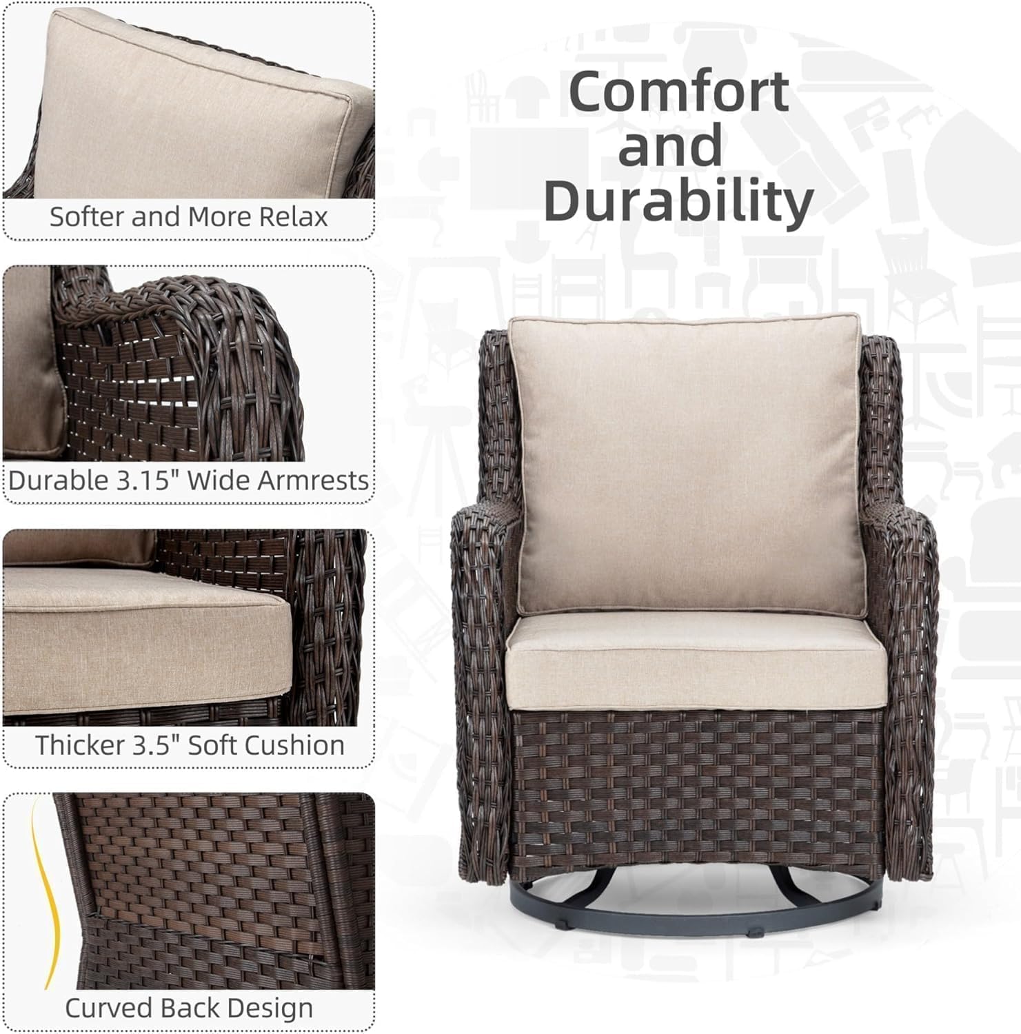 GarveeHome 3-Piece Outdoor Wicker Rattan Swivel Rocking Chair Set with Armored Glass Side Table & Premium Cushions - 360° Swivel Patio Furniture for Backyard, Porch, Deck, Balcony, Garden, Brown