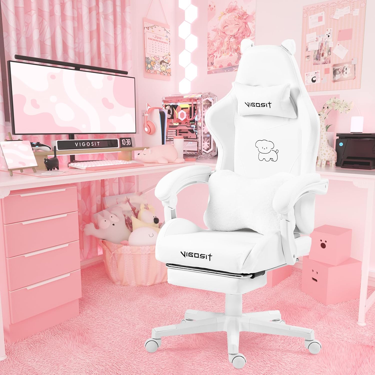 Vigosit Cute Cat Gaming Chair with Paw Lumbar Cushion, PC Video Gamer Chair for Girl Teen Woman (White)